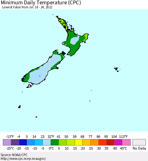 New Zealand Minimum Daily Temperature (CPC) Thematic Map For 7/18/2022 - 7/24/2022