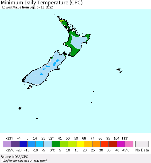 New Zealand Minimum Daily Temperature (CPC) Thematic Map For 9/5/2022 - 9/11/2022