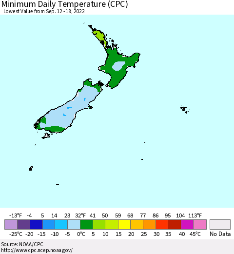 New Zealand Minimum Daily Temperature (CPC) Thematic Map For 9/12/2022 - 9/18/2022