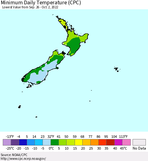 New Zealand Minimum Daily Temperature (CPC) Thematic Map For 9/26/2022 - 10/2/2022