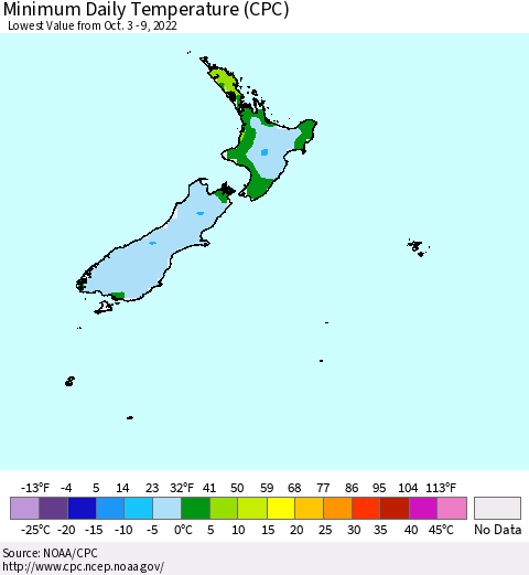 New Zealand Minimum Daily Temperature (CPC) Thematic Map For 10/3/2022 - 10/9/2022