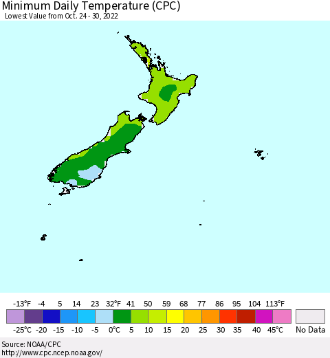 New Zealand Minimum Daily Temperature (CPC) Thematic Map For 10/24/2022 - 10/30/2022