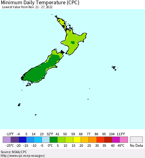 New Zealand Minimum Daily Temperature (CPC) Thematic Map For 11/21/2022 - 11/27/2022