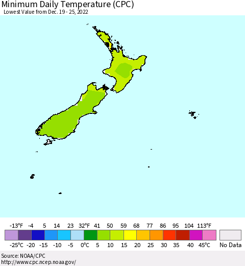 New Zealand Minimum Daily Temperature (CPC) Thematic Map For 12/19/2022 - 12/25/2022