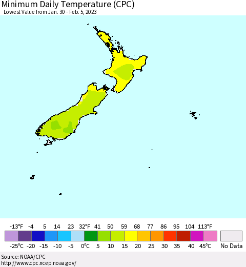 New Zealand Minimum Daily Temperature (CPC) Thematic Map For 1/30/2023 - 2/5/2023