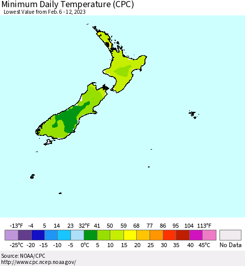 New Zealand Minimum Daily Temperature (CPC) Thematic Map For 2/6/2023 - 2/12/2023