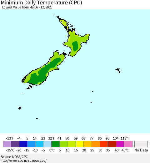 New Zealand Minimum Daily Temperature (CPC) Thematic Map For 3/6/2023 - 3/12/2023