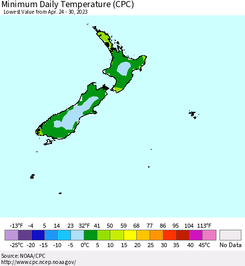 New Zealand Minimum Daily Temperature (CPC) Thematic Map For 4/24/2023 - 4/30/2023