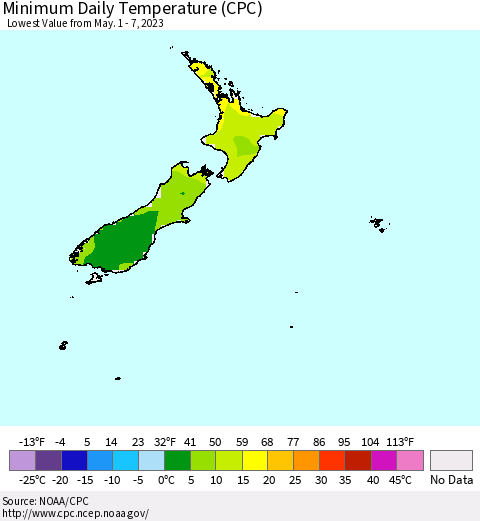 New Zealand Minimum Daily Temperature (CPC) Thematic Map For 5/1/2023 - 5/7/2023