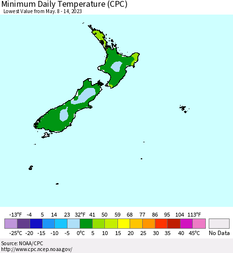 New Zealand Minimum Daily Temperature (CPC) Thematic Map For 5/8/2023 - 5/14/2023