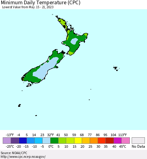 New Zealand Minimum Daily Temperature (CPC) Thematic Map For 5/15/2023 - 5/21/2023