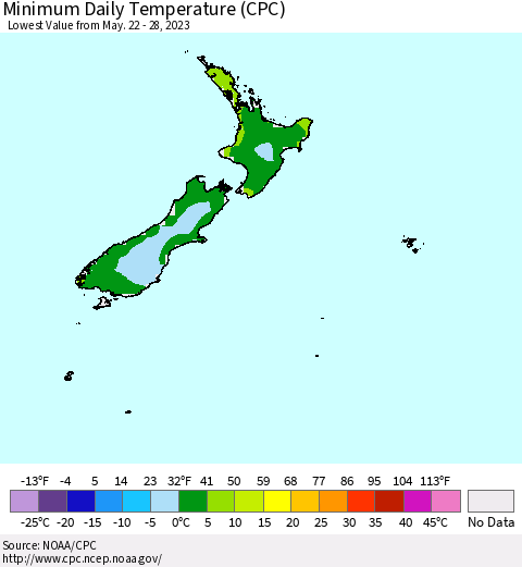 New Zealand Minimum Daily Temperature (CPC) Thematic Map For 5/22/2023 - 5/28/2023