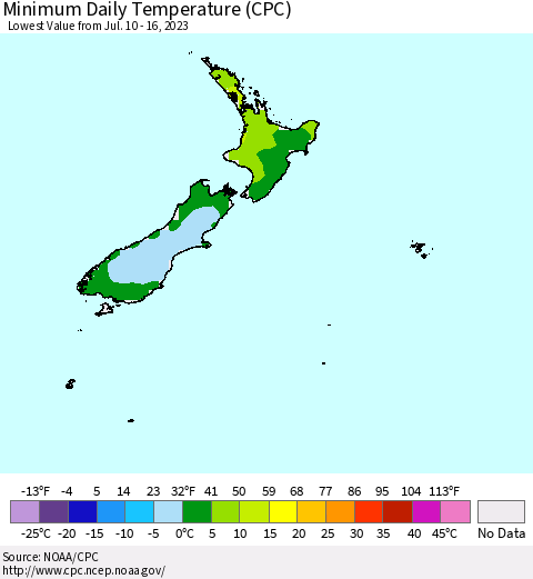 New Zealand Minimum Daily Temperature (CPC) Thematic Map For 7/10/2023 - 7/16/2023