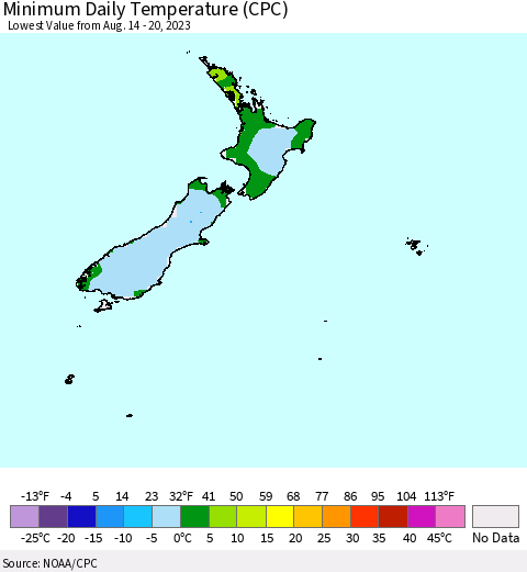 New Zealand Minimum Daily Temperature (CPC) Thematic Map For 8/14/2023 - 8/20/2023