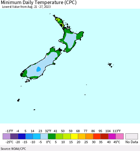 New Zealand Minimum Daily Temperature (CPC) Thematic Map For 8/21/2023 - 8/27/2023