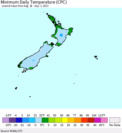 New Zealand Minimum Daily Temperature (CPC) Thematic Map For 8/28/2023 - 9/3/2023