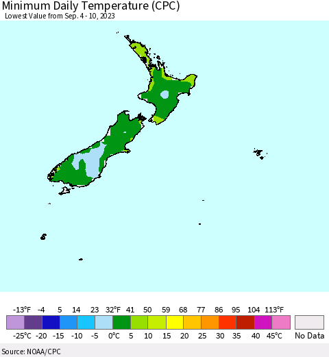 New Zealand Minimum Daily Temperature (CPC) Thematic Map For 9/4/2023 - 9/10/2023