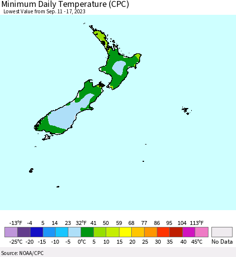 New Zealand Minimum Daily Temperature (CPC) Thematic Map For 9/11/2023 - 9/17/2023