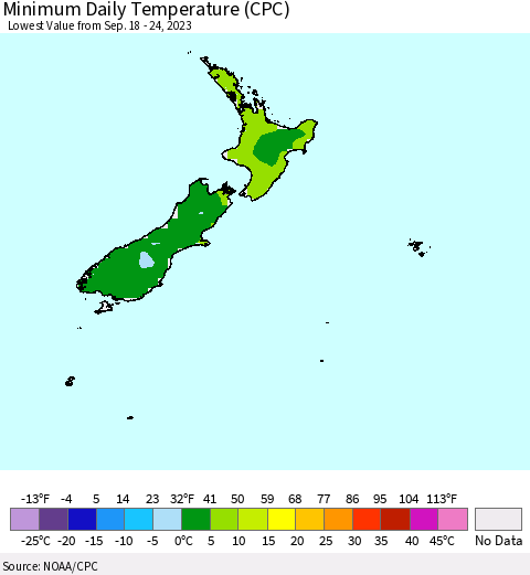 New Zealand Minimum Daily Temperature (CPC) Thematic Map For 9/18/2023 - 9/24/2023