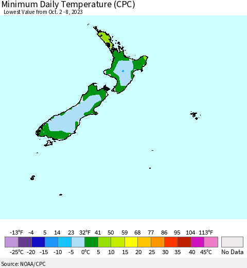 New Zealand Minimum Daily Temperature (CPC) Thematic Map For 10/2/2023 - 10/8/2023