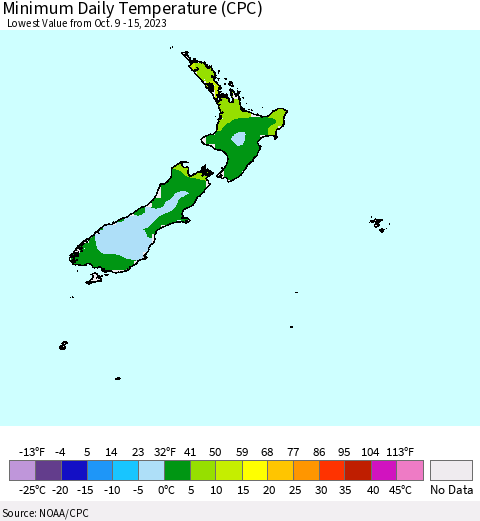 New Zealand Minimum Daily Temperature (CPC) Thematic Map For 10/9/2023 - 10/15/2023