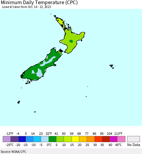 New Zealand Minimum Daily Temperature (CPC) Thematic Map For 10/16/2023 - 10/22/2023