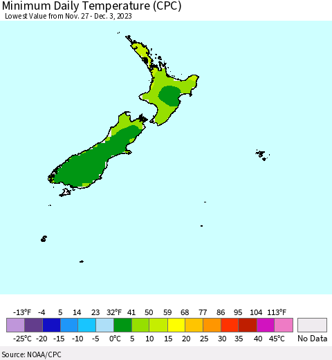 New Zealand Minimum Daily Temperature (CPC) Thematic Map For 11/27/2023 - 12/3/2023