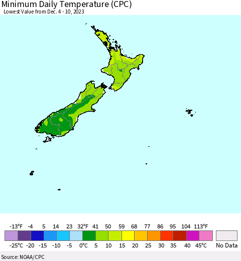 New Zealand Minimum Daily Temperature (CPC) Thematic Map For 12/4/2023 - 12/10/2023