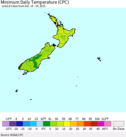 New Zealand Minimum Daily Temperature (CPC) Thematic Map For 12/18/2023 - 12/24/2023