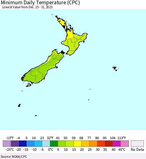 New Zealand Minimum Daily Temperature (CPC) Thematic Map For 12/25/2023 - 12/31/2023