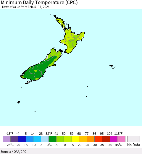New Zealand Minimum Daily Temperature (CPC) Thematic Map For 2/5/2024 - 2/11/2024