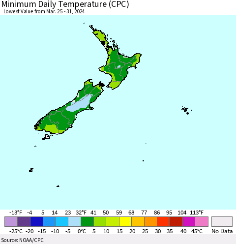 New Zealand Minimum Daily Temperature (CPC) Thematic Map For 3/25/2024 - 3/31/2024