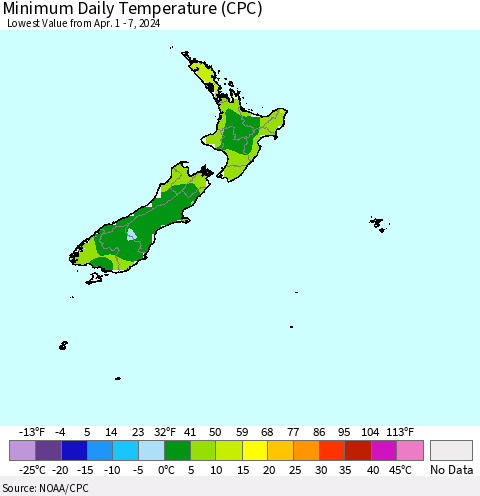 New Zealand Minimum Daily Temperature (CPC) Thematic Map For 4/1/2024 - 4/7/2024