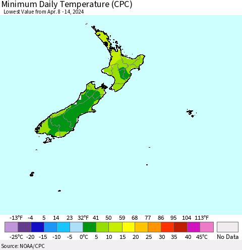 New Zealand Minimum Daily Temperature (CPC) Thematic Map For 4/8/2024 - 4/14/2024