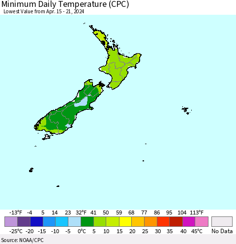 New Zealand Minimum Daily Temperature (CPC) Thematic Map For 4/15/2024 - 4/21/2024