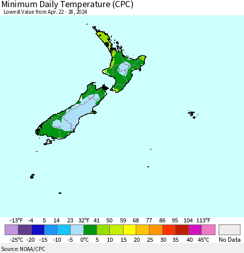New Zealand Minimum Daily Temperature (CPC) Thematic Map For 4/22/2024 - 4/28/2024