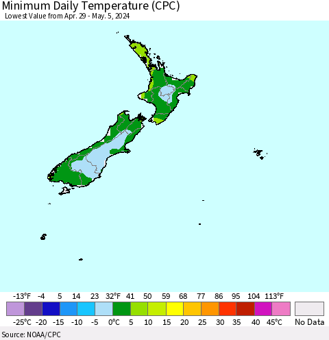 New Zealand Minimum Daily Temperature (CPC) Thematic Map For 4/29/2024 - 5/5/2024