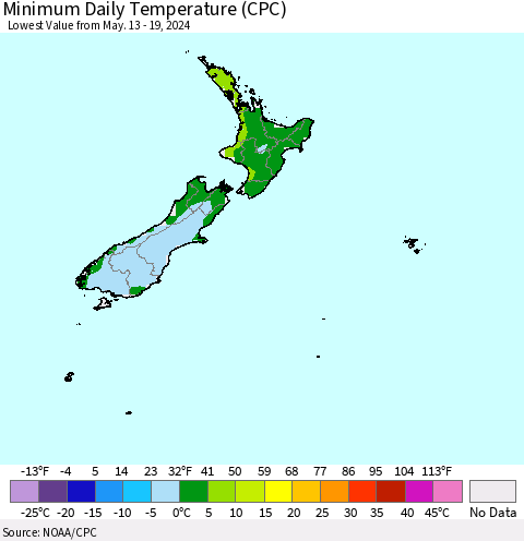 New Zealand Minimum Daily Temperature (CPC) Thematic Map For 5/13/2024 - 5/19/2024
