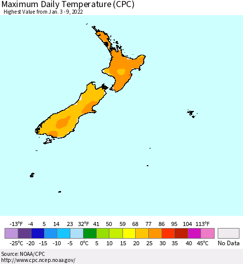 New Zealand Maximum Daily Temperature (CPC) Thematic Map For 1/3/2022 - 1/9/2022