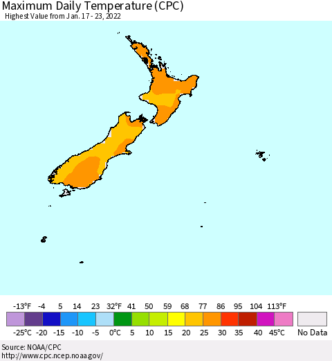 New Zealand Maximum Daily Temperature (CPC) Thematic Map For 1/17/2022 - 1/23/2022