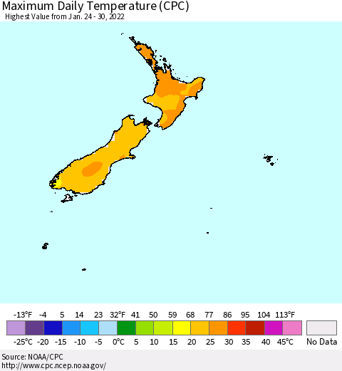 New Zealand Maximum Daily Temperature (CPC) Thematic Map For 1/24/2022 - 1/30/2022