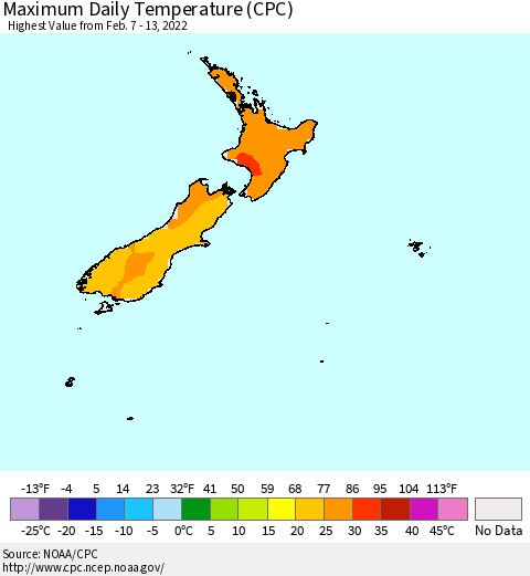 New Zealand Maximum Daily Temperature (CPC) Thematic Map For 2/7/2022 - 2/13/2022