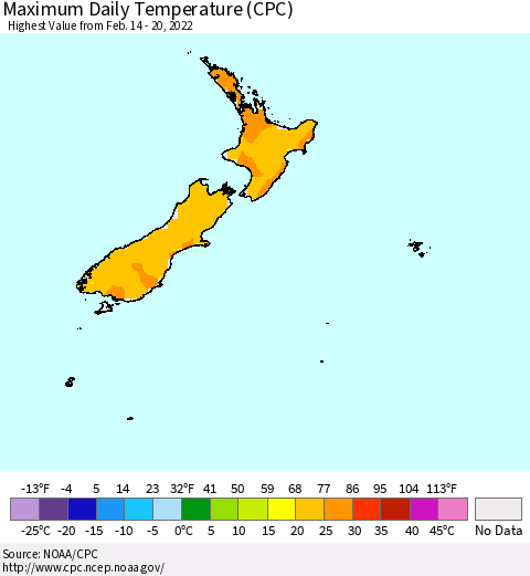 New Zealand Maximum Daily Temperature (CPC) Thematic Map For 2/14/2022 - 2/20/2022