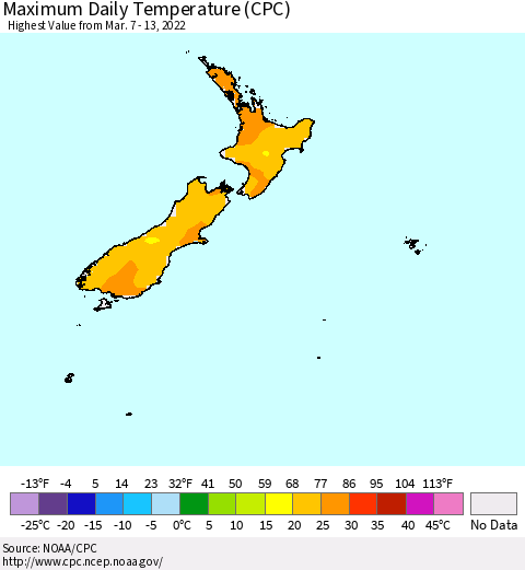 New Zealand Maximum Daily Temperature (CPC) Thematic Map For 3/7/2022 - 3/13/2022