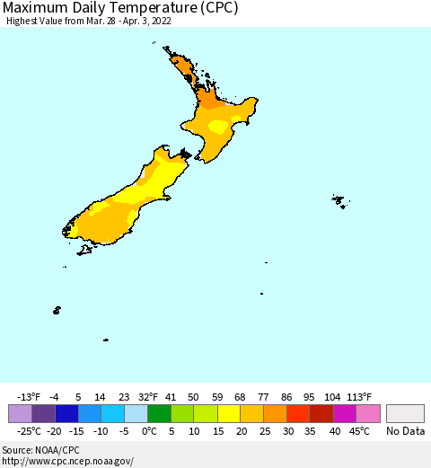 New Zealand Maximum Daily Temperature (CPC) Thematic Map For 3/28/2022 - 4/3/2022