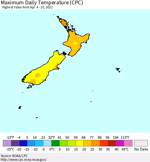 New Zealand Maximum Daily Temperature (CPC) Thematic Map For 4/4/2022 - 4/10/2022
