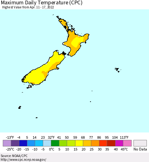 New Zealand Maximum Daily Temperature (CPC) Thematic Map For 4/11/2022 - 4/17/2022