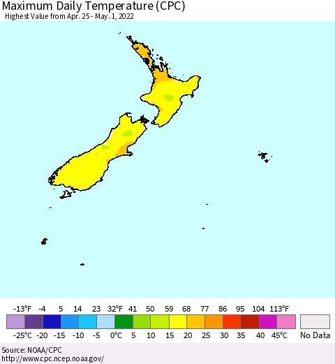 New Zealand Maximum Daily Temperature (CPC) Thematic Map For 4/25/2022 - 5/1/2022