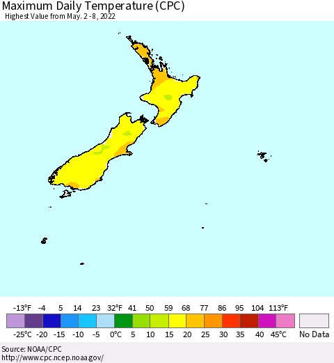 New Zealand Maximum Daily Temperature (CPC) Thematic Map For 5/2/2022 - 5/8/2022