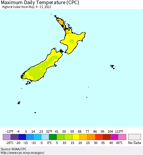New Zealand Maximum Daily Temperature (CPC) Thematic Map For 5/9/2022 - 5/15/2022